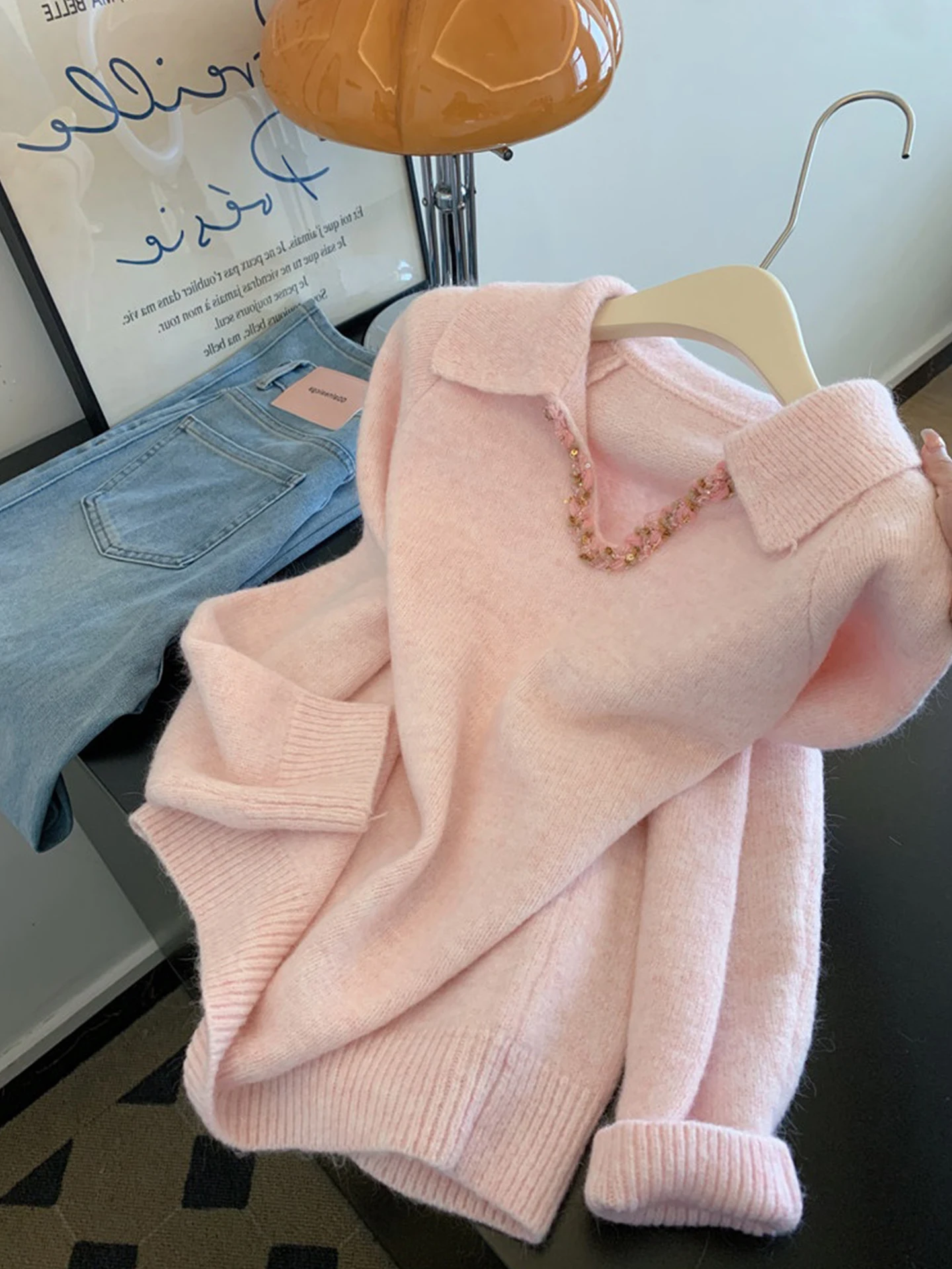 

Korean Style Thickened Comfortable Knitwear Spring New Lazy Fashion Turn-down Collar Women's Sweater Soft Regular Fit Long Sl...