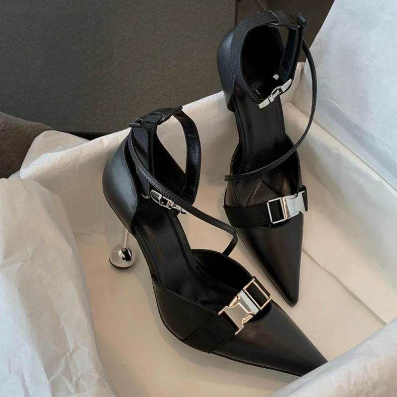 

Spring and summer new pointed hollow metal buckle with special-shaped heel sexy sandals banquet dress high-heeled women's shoes