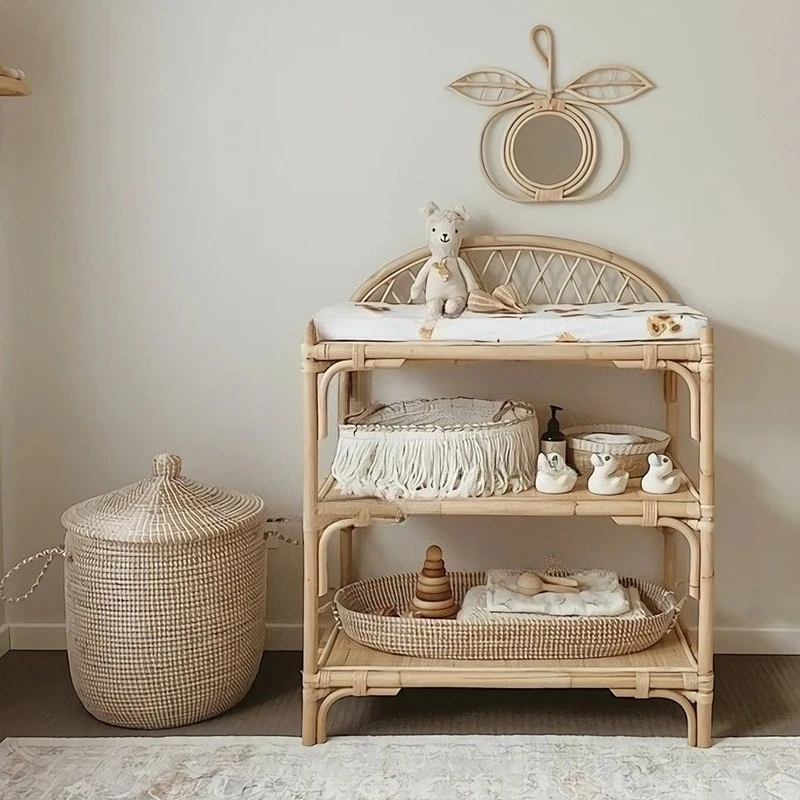 Rattan three-layer shelf ins bedroom floor-to-ceiling bookshelf simple and removable Japanese-style storage rack