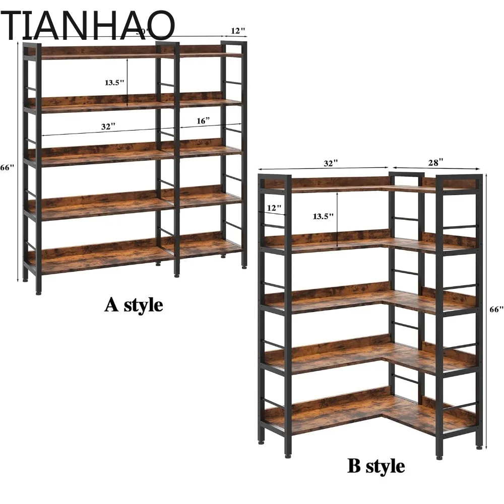 5 Tier Bookshelf with LED Light, L Shaped Corner Book Case with 10 Open Shelves, 50 Inch Straight Wide Bookcase with Adjustable