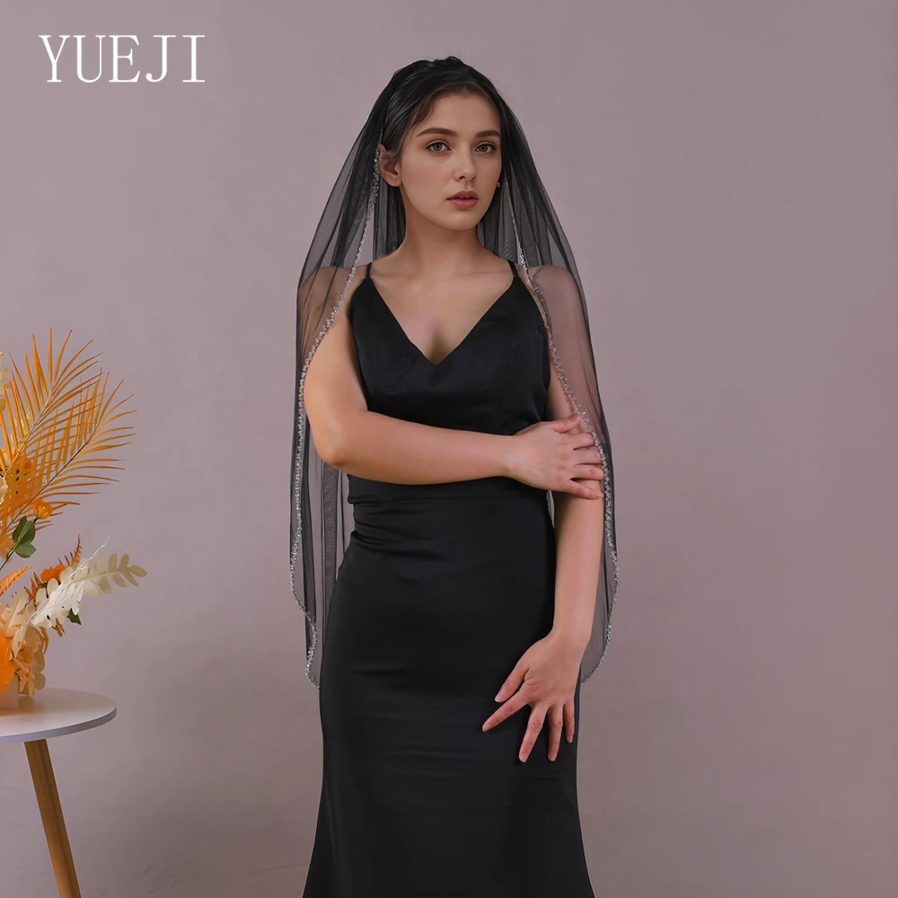 yueji-ブラックブライダルウェディングベール単層指先の長さのクリスタルエッジビーズヘアコームブライダルパーティー装飾-v248