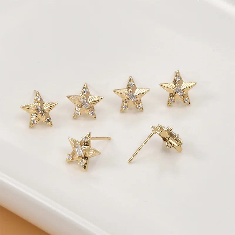 Copper-plated 18k Gold Color-retaining Micro-inlaid Zircon Pentagram Brushed Back Hanging Earrings DIY Ear Jewelry Accessories