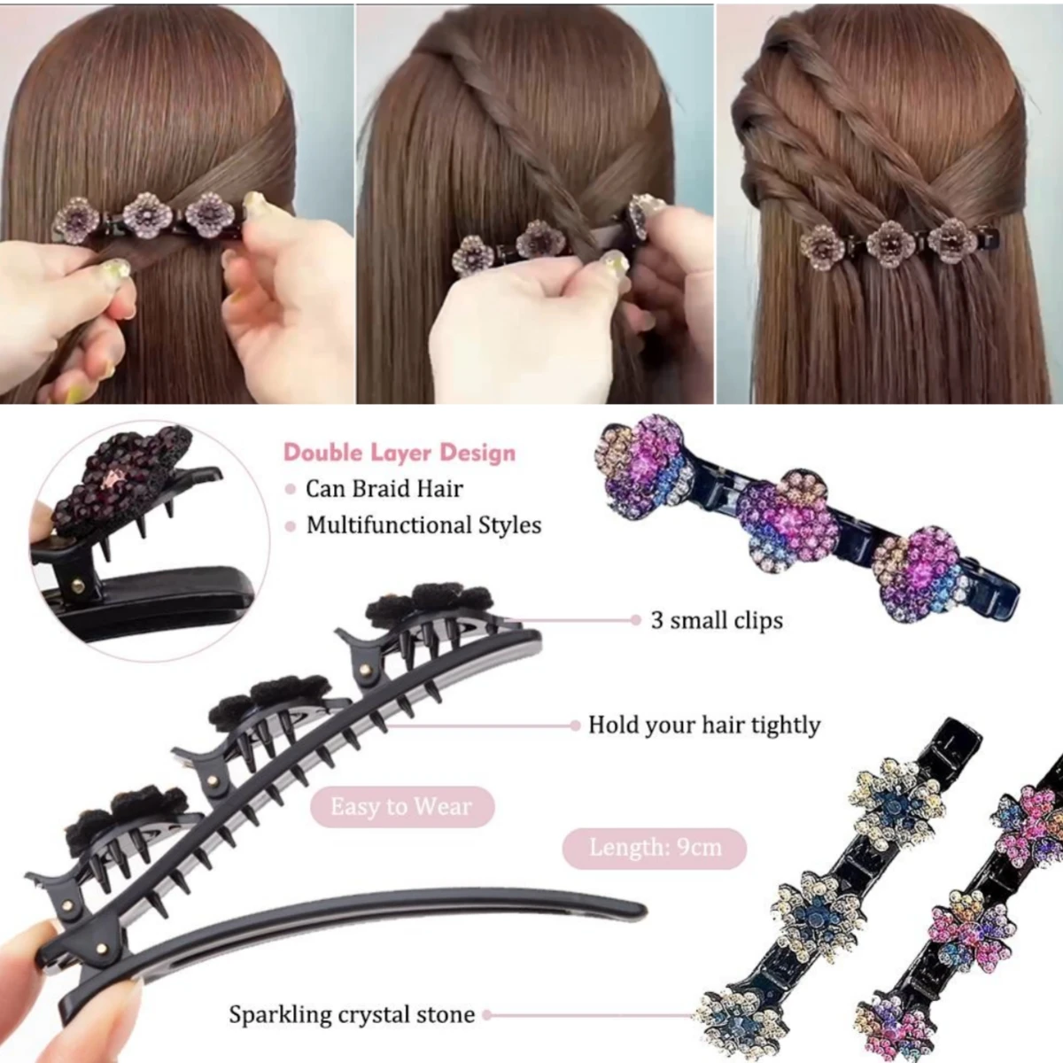 4Pcs Sparkling Crystal Stone Braided Hair Clips Satin Fabric Hair Bands Rhinestone Hair Clips Braided Hair Clip with Rhinestones