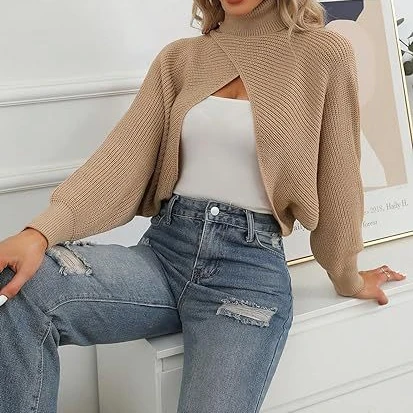 New Women\'s Sweater Shawl Style Casual Elegance Fashion Lantern Long Sleeved Shrugged High Neck Solid Color Knitted