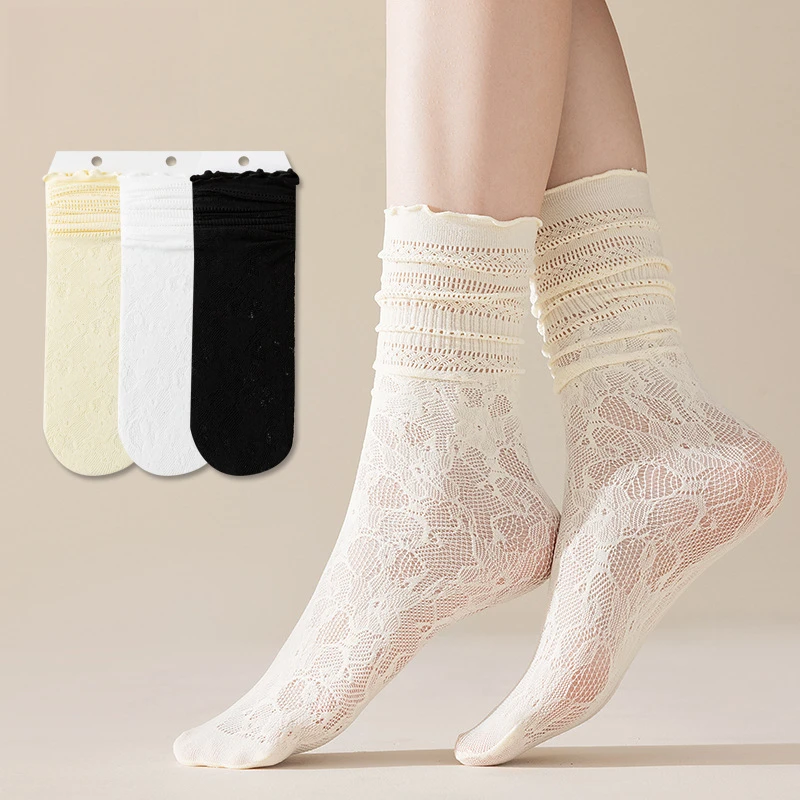 3 pares de calcetines finos de encaje para mujer, calcetines bonitos de algodón con flores huecas Vintage para mujer y niña, calcetines de princesa transpirables para mujer