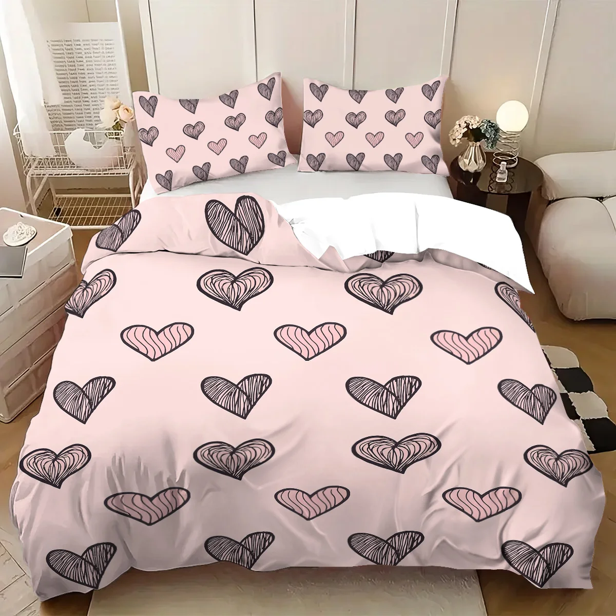 3pcs Pink Love Printed Coreless Product Set for Bedrooms, Dormitories, Multiple Sizes, Soft and Comfortable, Machine Washable
