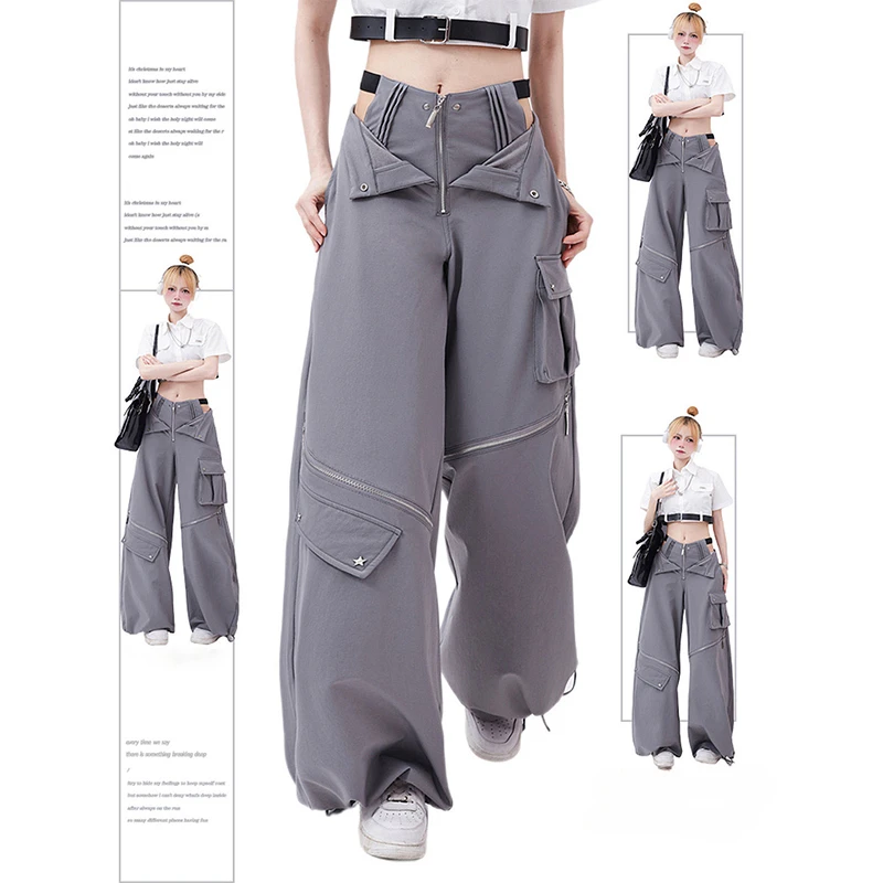 

Gray Cargo Pants Female 2024 Summer Casual Original Retro Multi Zip Pocket Two Wear Design Drawstring Casual Oversized Trousers