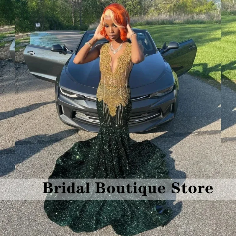 Customized Gorgeous Black Sequins Mermaid Prom Dress Gold Beaded Crystal Diamond Party Gown Vestido De Festa