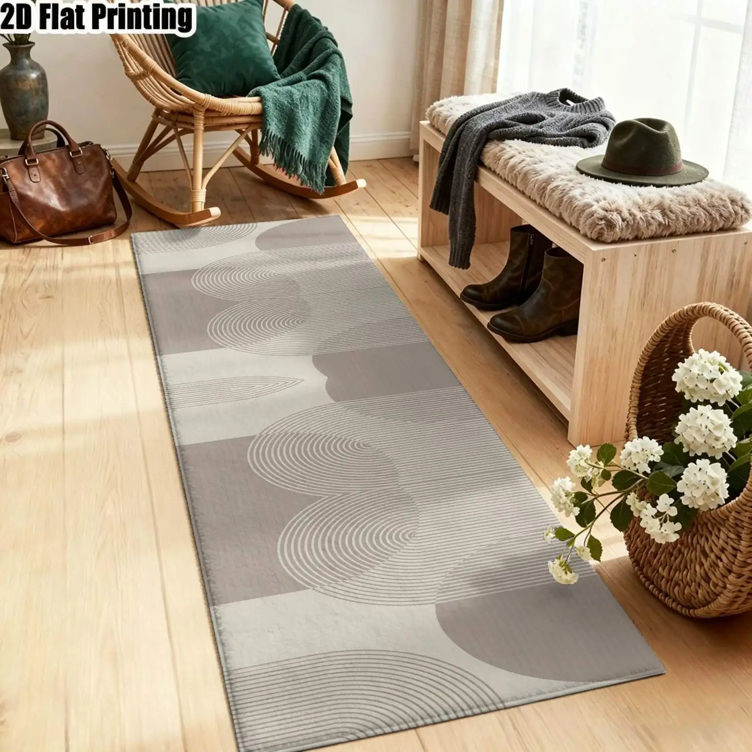1Pc 2D Printed Light Brown Geometric Line Nordic Minimalist Long Strip Runner Carpet, Machine Washable, Multi-Size, Suitable for Entrance, Hallway, Living Room, Bedroom Home Decor