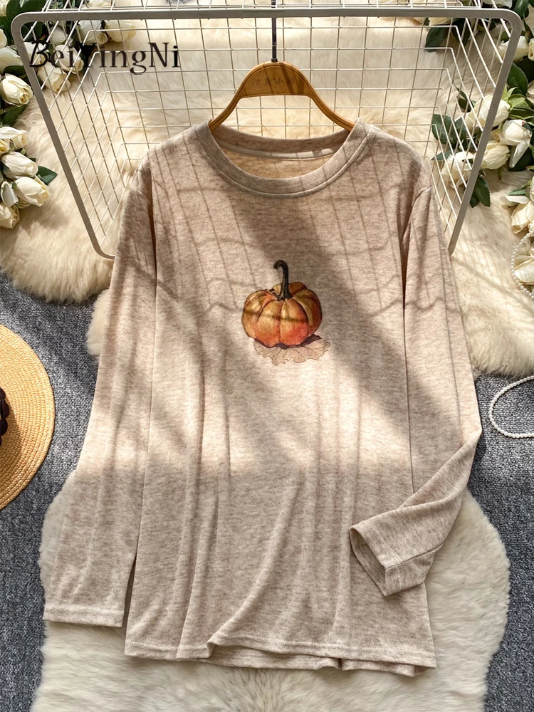 Beiyingni Street Style Oversized Tops Female Pumpkin Printed Retro Fashion Loose T-shirts for Women Autumn Winter Leisure Tees