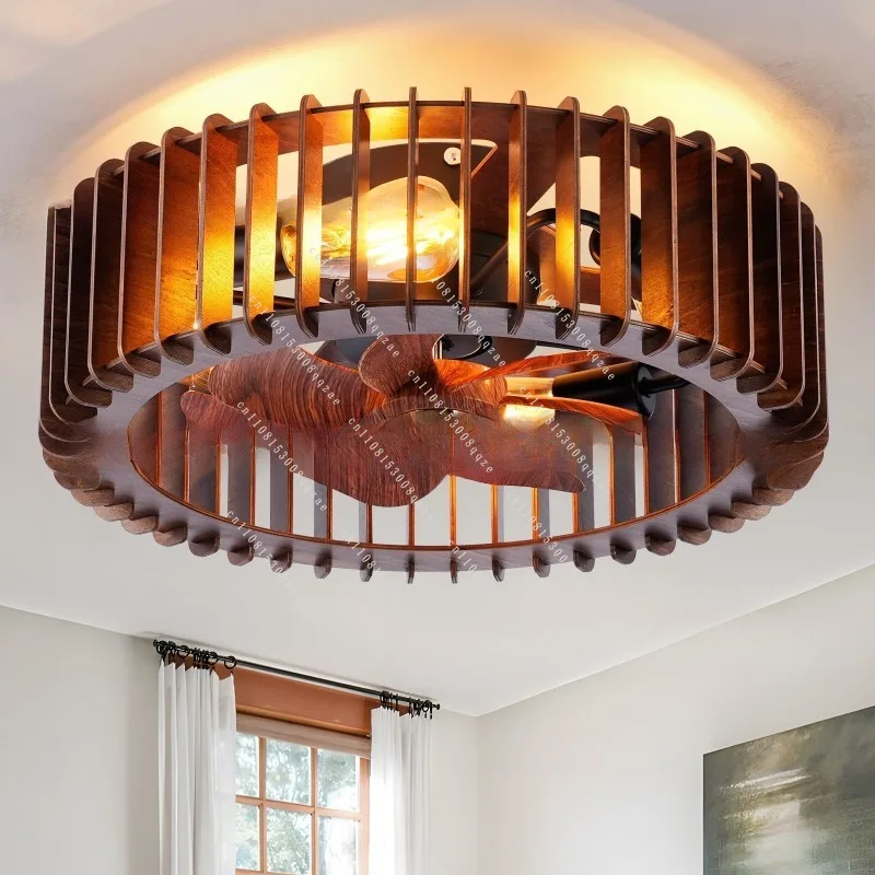 Nordic Vintage Wabi Sabi Creative Solid Wood Pumpkin Fan Pendant Light LED Bedroom Guesthouse Home Decor Novelty New Energy