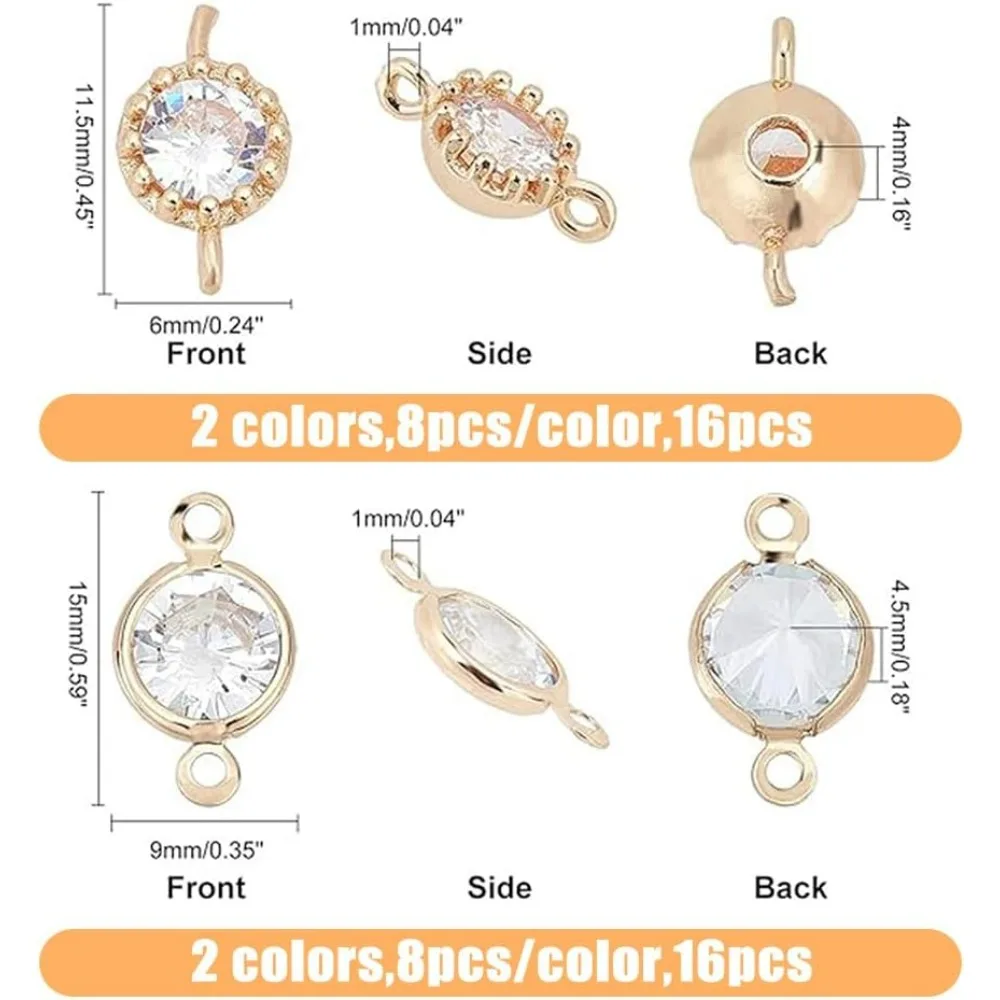 32Pcs 4 Styles Rhinestone Connector Charm Round Crystal Charm with Double Loop Gold Silver Plated Round Connector Charms