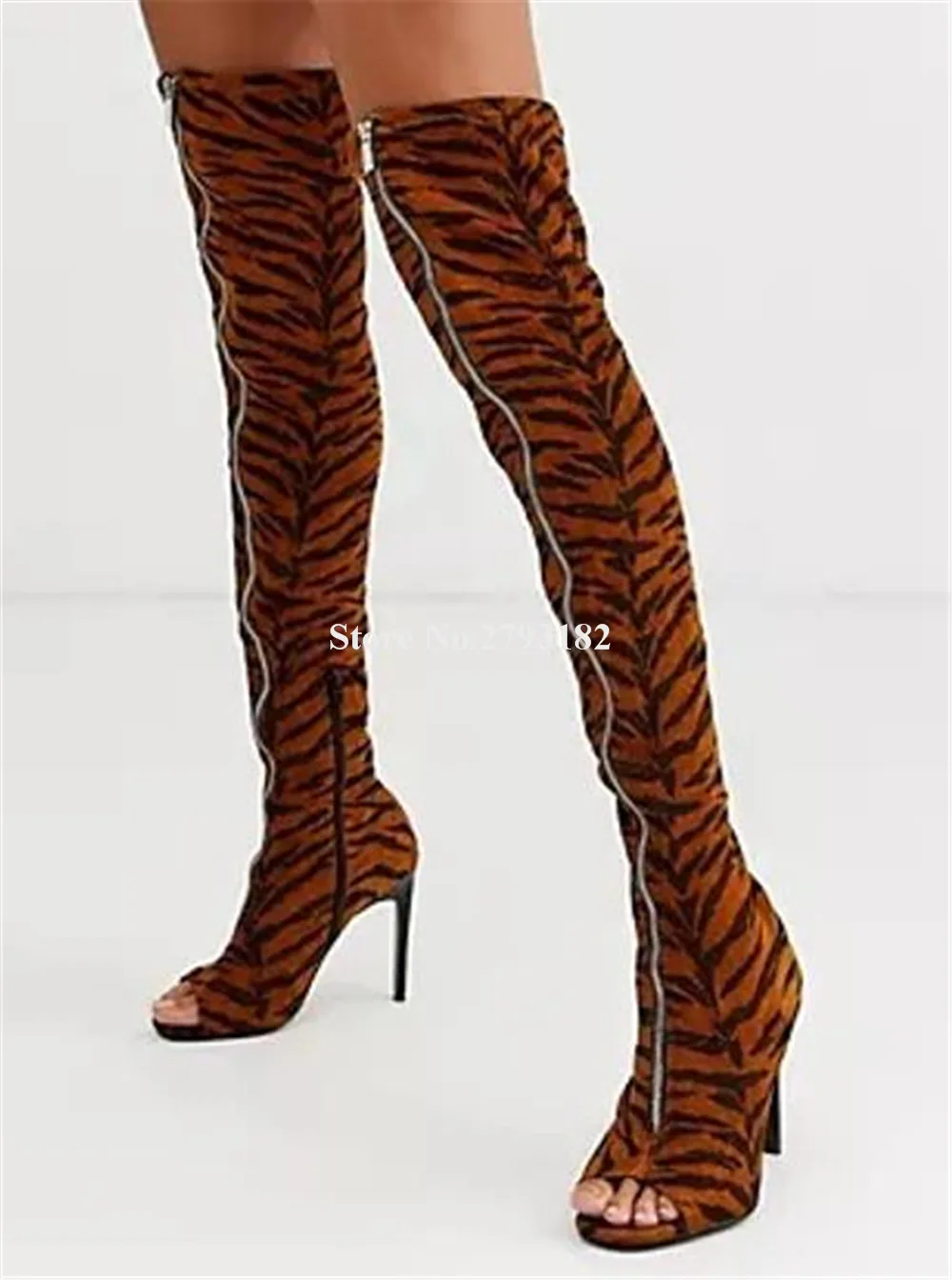 Sexy Zebra Printed Over-the-Knee Boots Women Sexy Peep Toe Suede Leopard Stiletto Heel Front Zipper-up Long Boots Party Heels