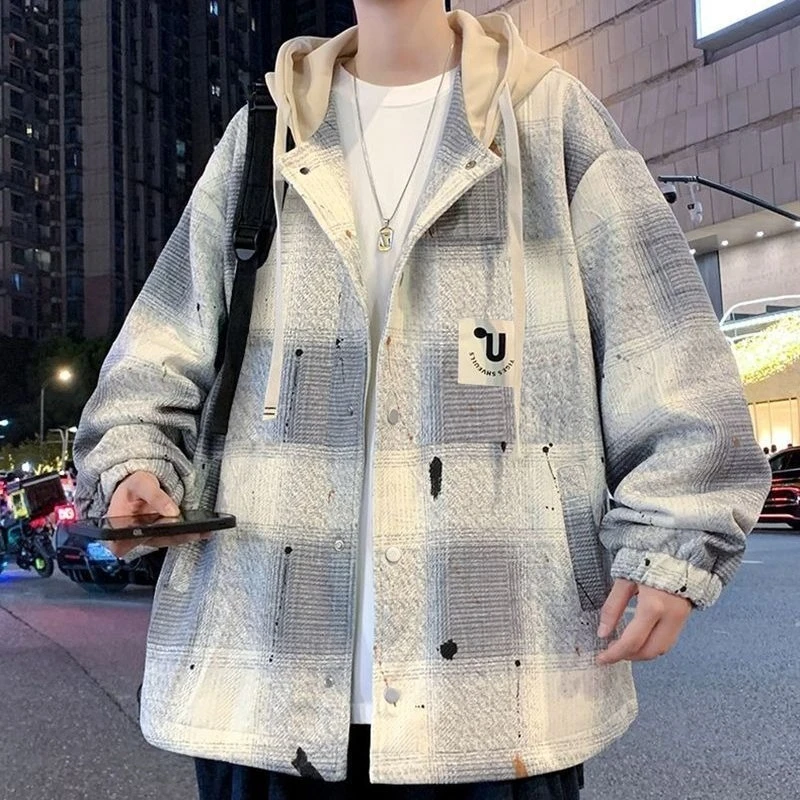 

​ Стильная мужская стеганая бейсбольная куртка, осенне-зимнее клетчатое пальто с капюшоном и цветными блоками, теплая и уличная куртка ​