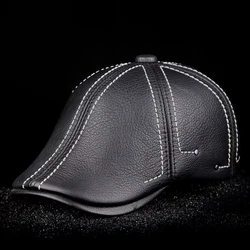 2023 High Quality Cowhide Genuine Leather Men Berets Cap Hat  Fashion Men's Real Leather Adult Striped Hats Warm Winter