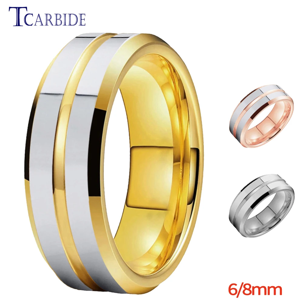 6MM 8MM Nice Wedding Band Men Women Tungsten Engagement Ring Yellow Gold Color Center Groove Beveled Polished Finish Comfort Fit