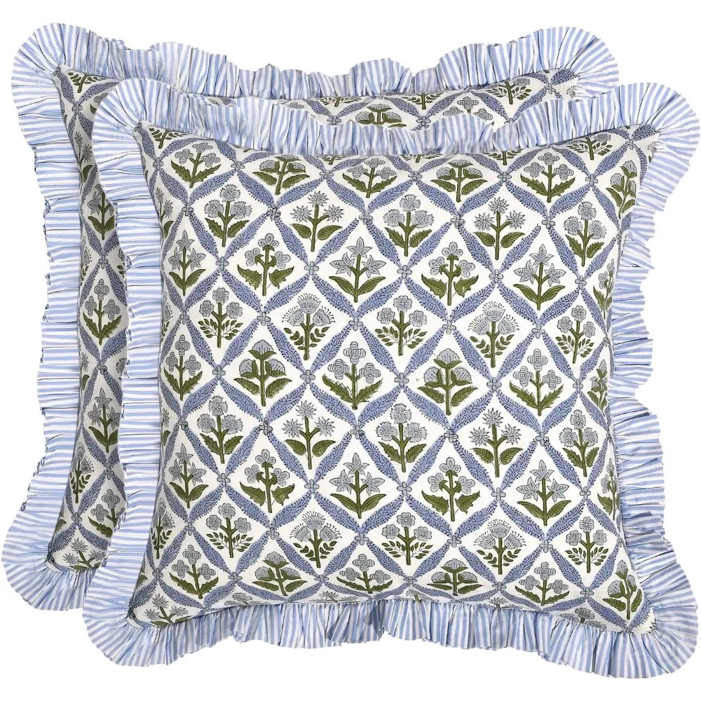 

Light Steel Blue Ruffle Decorative Pillow Covers Set of 2, Cotton Throw Pillowcases for Modern Farmhouse Style