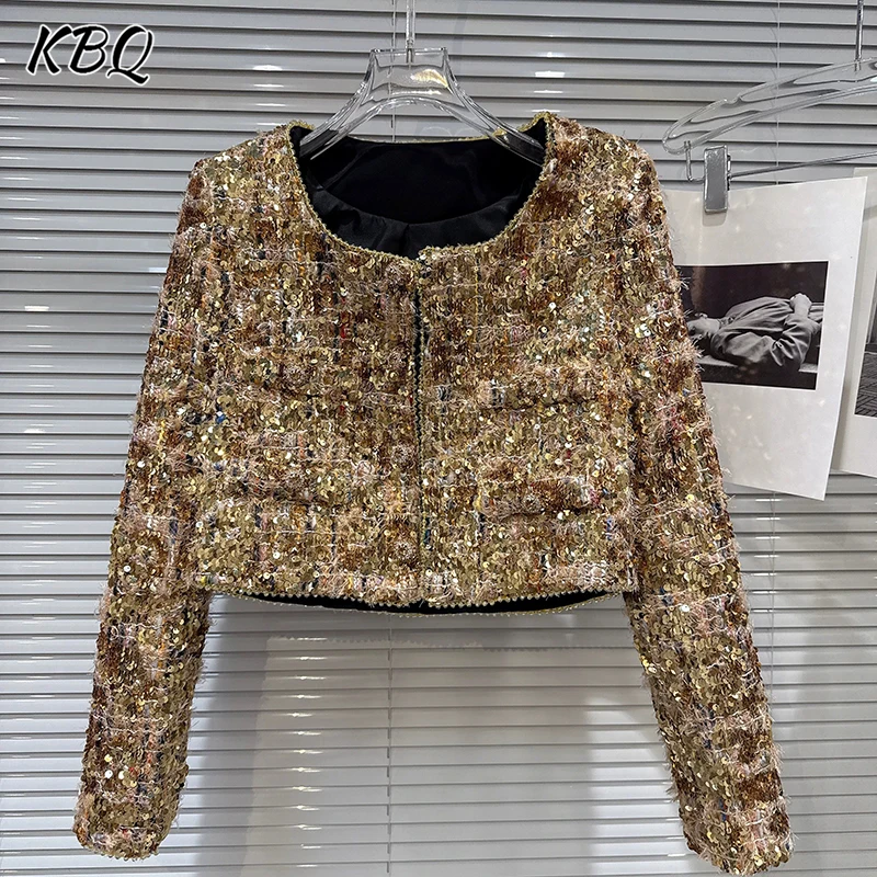 

KBQ Temperament Slimming Spliced Diamonds Solid Jackets For Women Round Neck Long Sleeve Designer Jacket Female Fashion Style