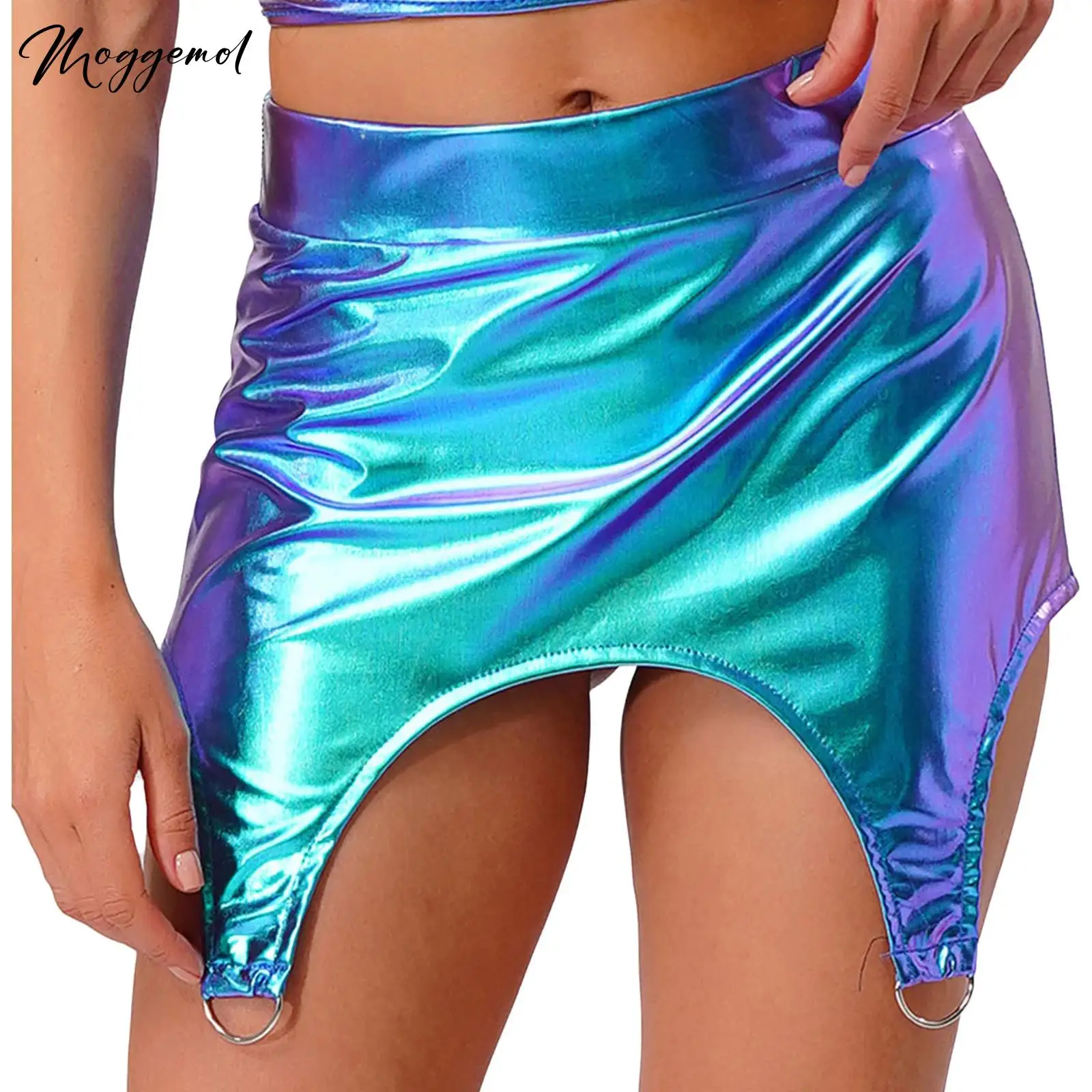 

Womens Sexy Shiny Metallic Bodycon Skirt High Waist Garter D-rings Curved Hem Miniskirt for Stage Disco Club Raves Music Party