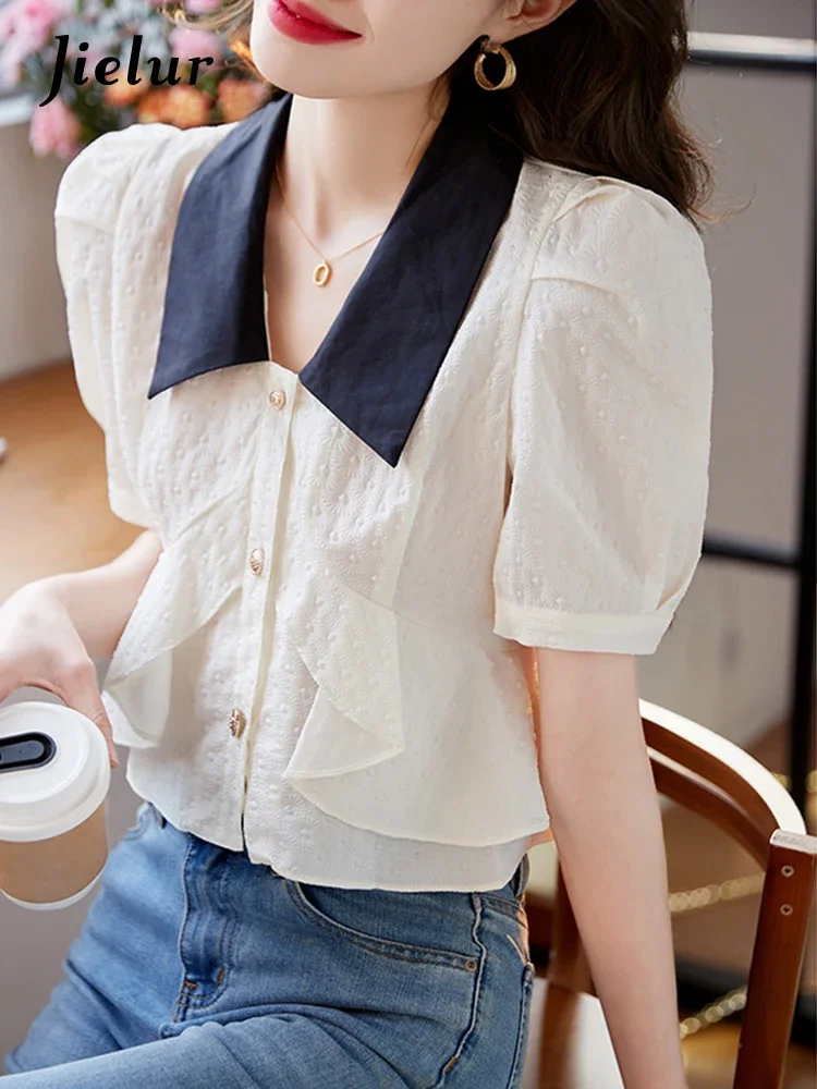 Jielur Summer Vintage French Bubble Sleeve Top High Waist Polo Neck Short Sleeve Shirt Ladies Solid Color Ruffle Chiffon Shirt