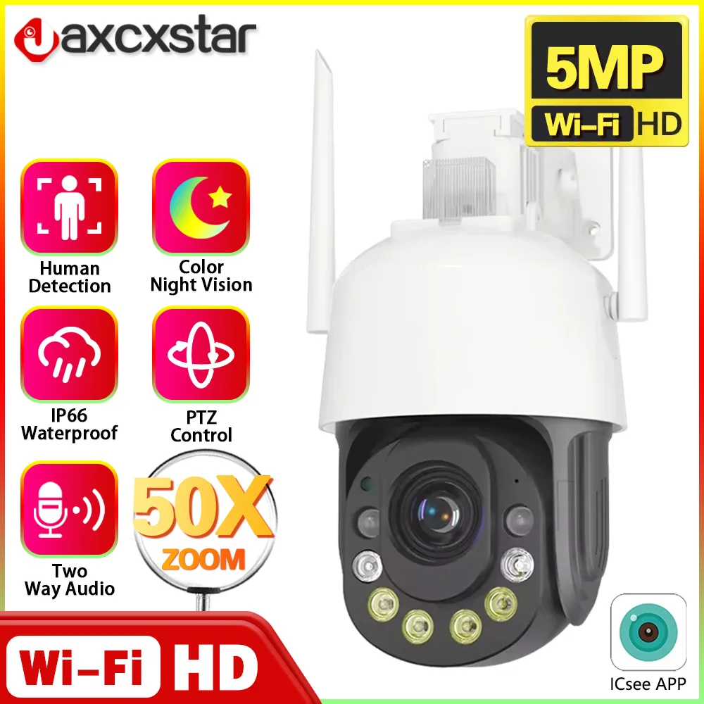 

360 Wireless Outdoor5MP WiFi Security Camera ICSee Smart Three Lens 50X Zoom Video Surveillance IP Camera CCTV Auto Tracking