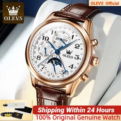 OLEVS Genuine Automatic Watch for Men Moon Phase Week Calendar Leather Strap Waterproof Luminous Men's Mechanical Wristwatches