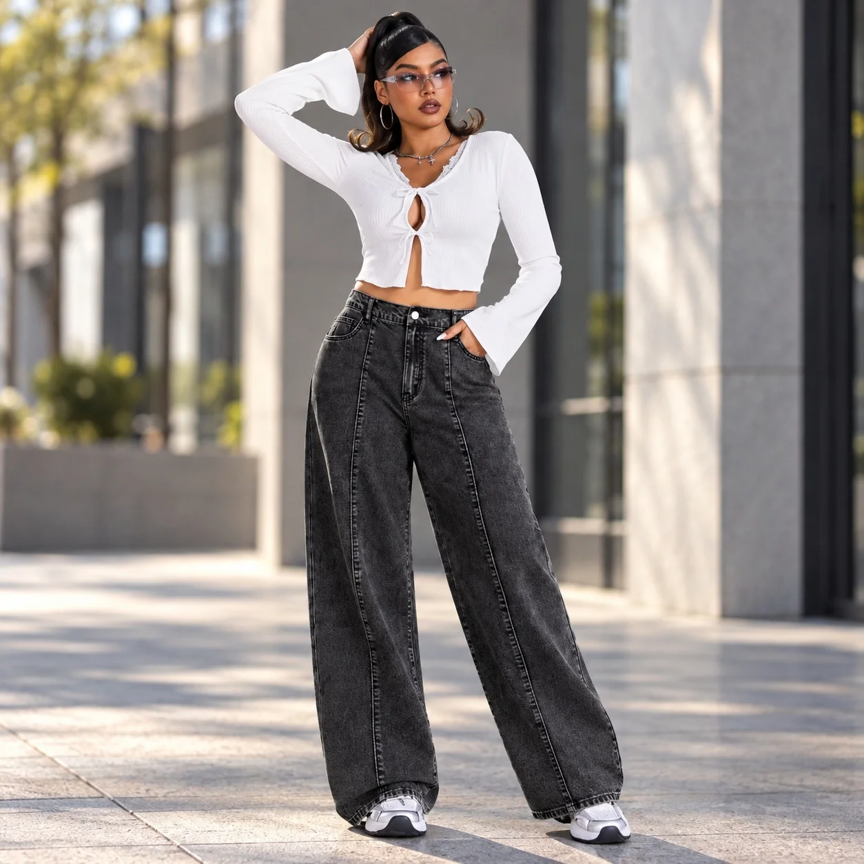 Loose Fit High Waist Jeans Straight Leg Urban Streetwear with Retro Elegant Commuter High Stretch Lazy Chic Spring Women Pants