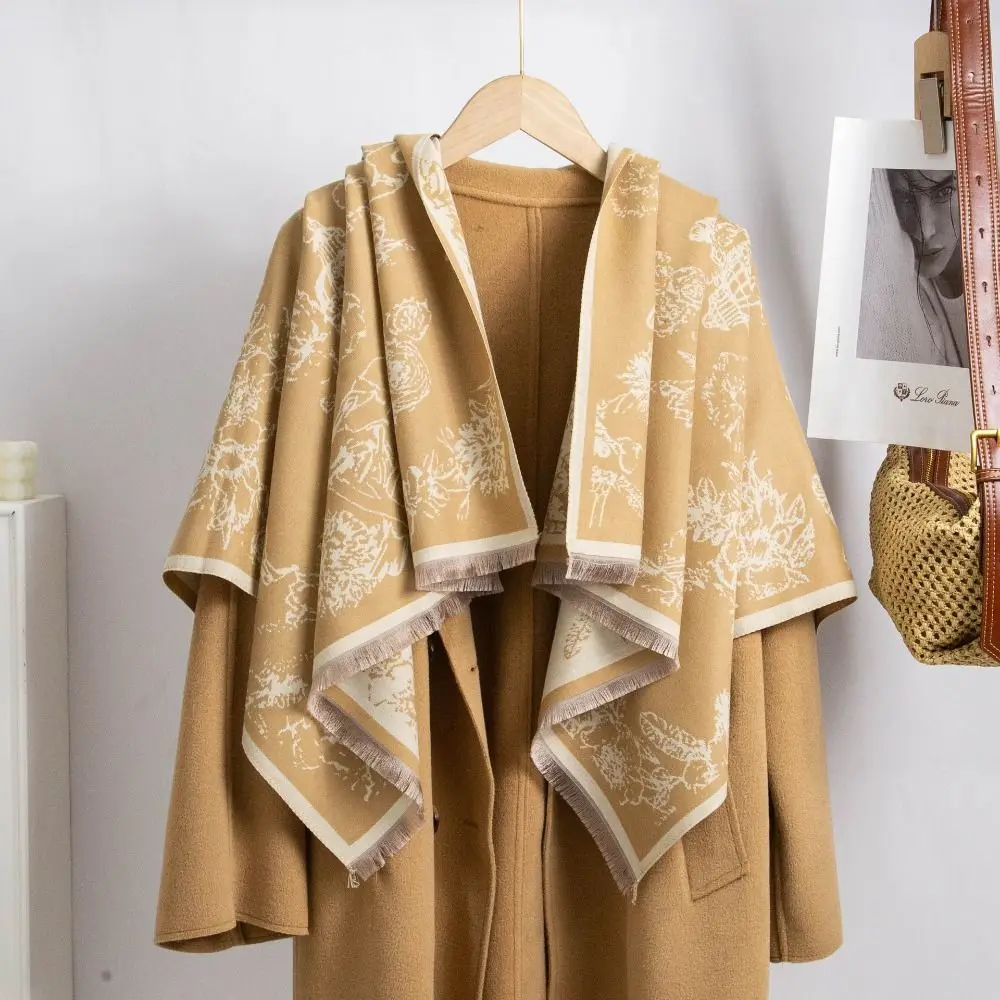 

Flower Printed Scarf Imitation Cashmere Warm Cashmere Tassel Scarves Korean Style Scarves Thick Blanket Large Shawl Student