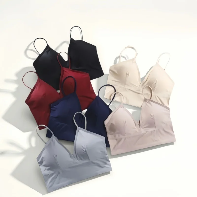 Women Seamless Ice Silk V Neck Camisole Bralette Thin Adjustable Straps Detachable Chest Pads Wireless Inner Sling Top