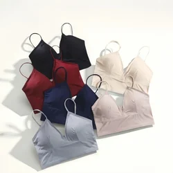 Women Seamless Ice Silk V Neck Camisole Bralette Thin Adjustable Straps Detachable Chest Pads Wireless Inner Sling Top