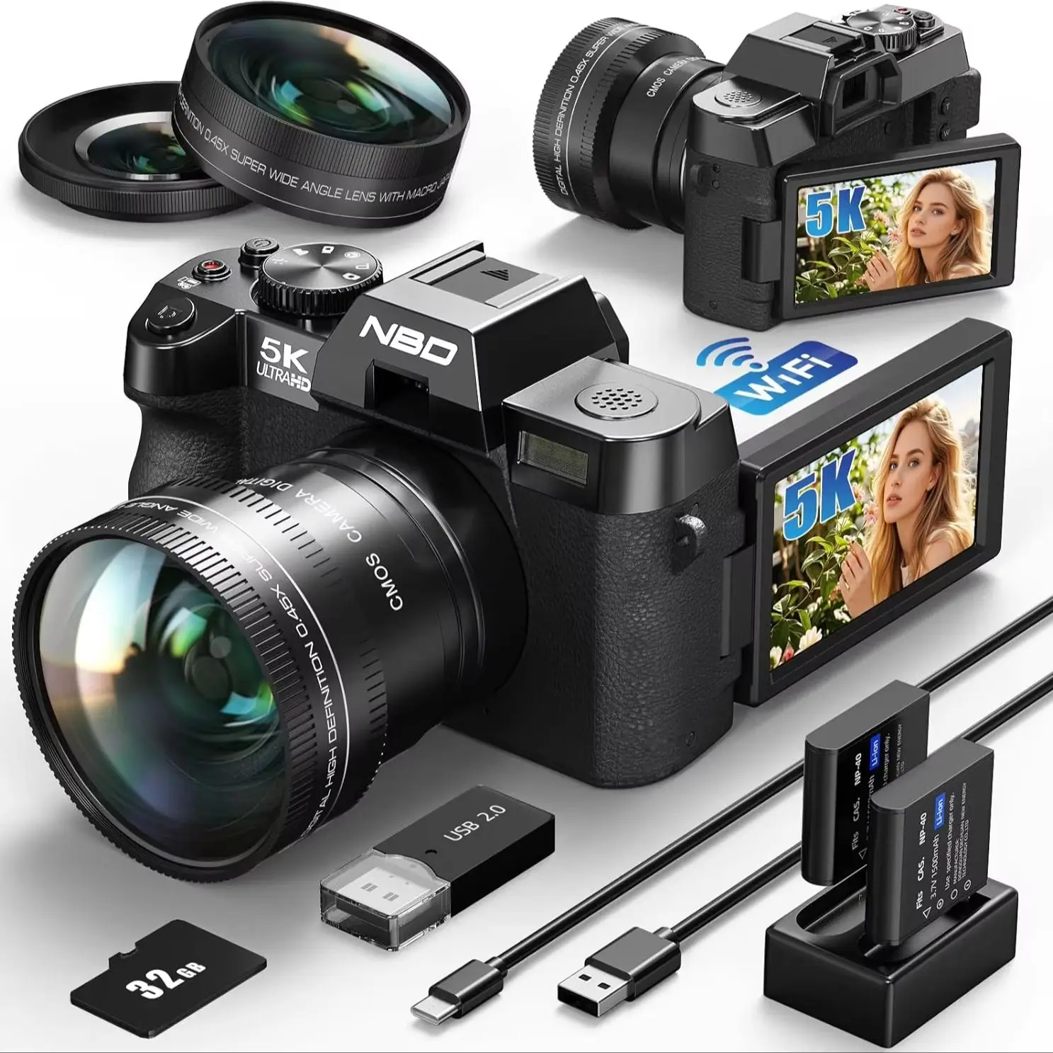 Image of NBD 64MP 5K Vlog-Kamera 16X Digitalzoom 3-Zoll-Klappbildschirm mit Mikrofon Langlebiger Akku für YouTube Live-Streaming Selfie-Camcorder Geschenk für Mädchen