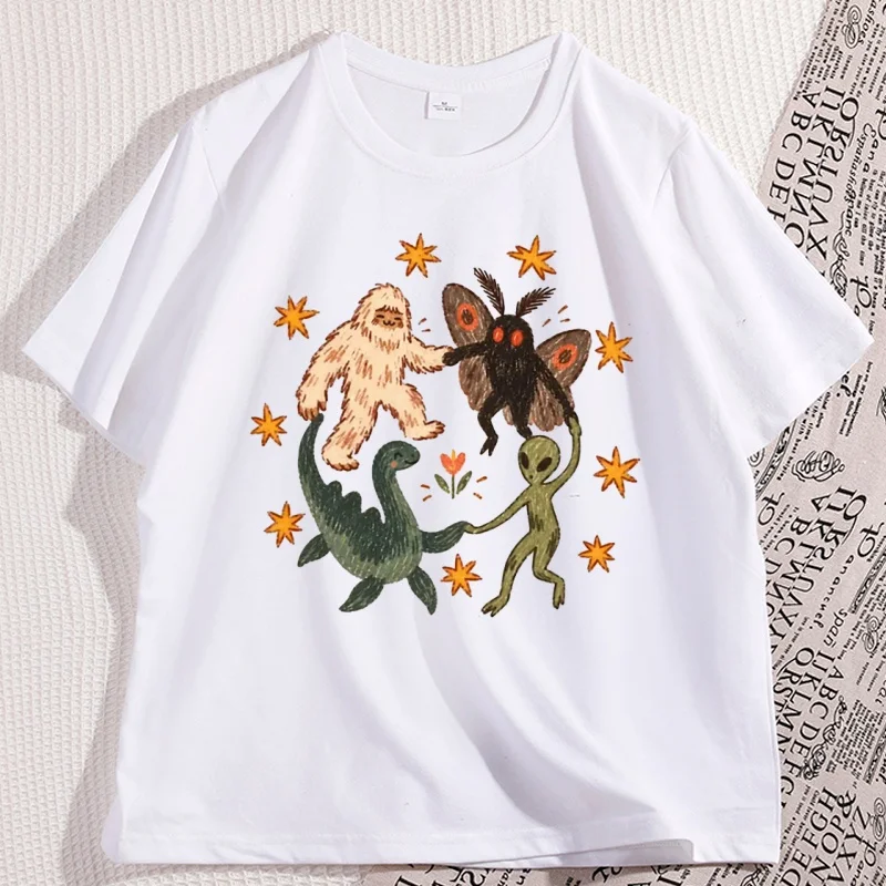 Dancing Cryptids Graphic Tee Bigfoot Mothman Alien T Shirt Unisex Short Sleeve Weirdcore Halloween Casual Streetwear Clothing