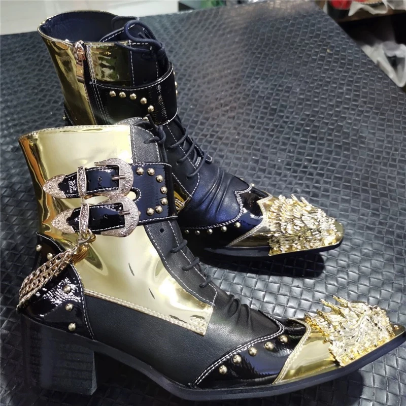 Luxury Design Metal Rivets Chains Men Anles Boots Punk Style Pointed Toe Belt Buckle High Heel Motrocycle Boots
