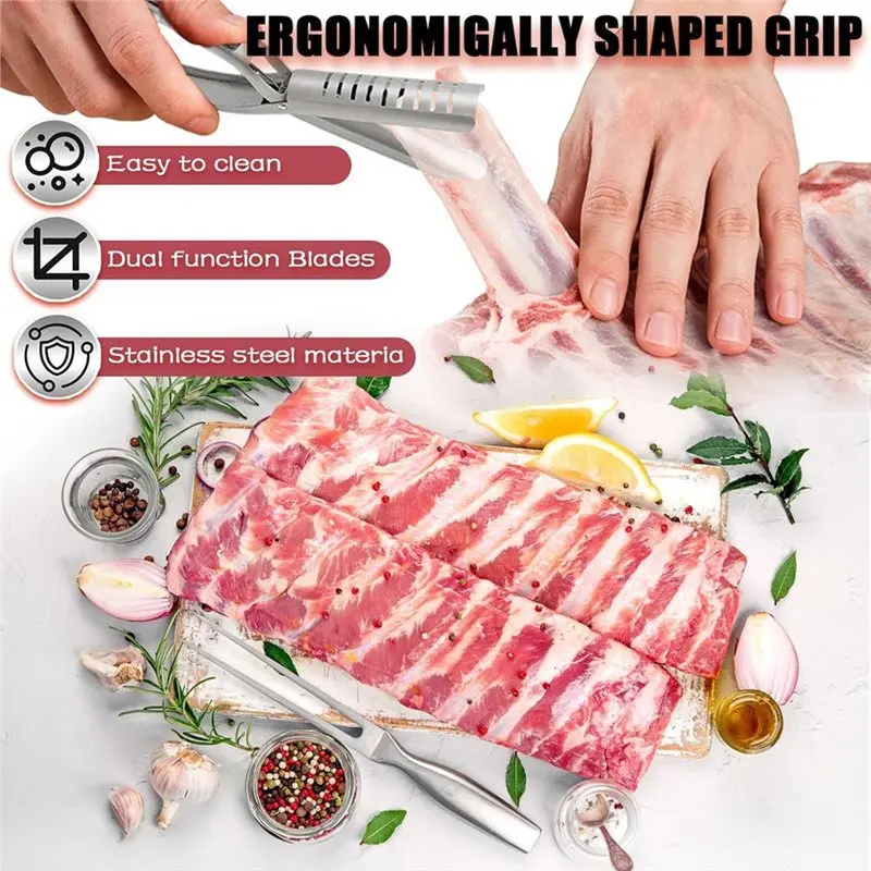 ABRW-2Pcs Rib Membrane Removal Tools, Rib Prep Tool, Stainless Steel BBQ Rib Skinner With 2Pcs Tweezers Pliers And Gloves