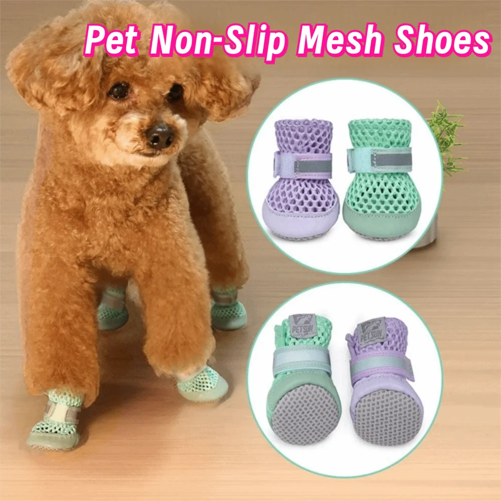 

4Pcs Casual Breathable Mesh Dog Shoes Anti Slip Soft Sole Dog Paw Protectors Adjustable Wear Resistant Net Foot Covers Puppy