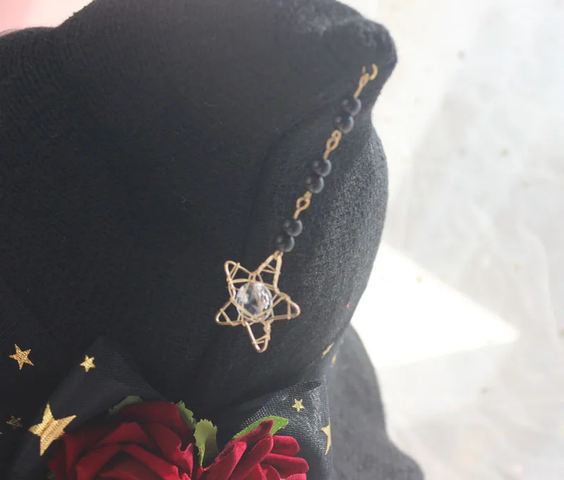 Vintage Star Magic Girl Gothic Wizard hat Lolita Halloween Witch Hat accessori puntelli Bead Chain Bow Rose Party berretto con visiera