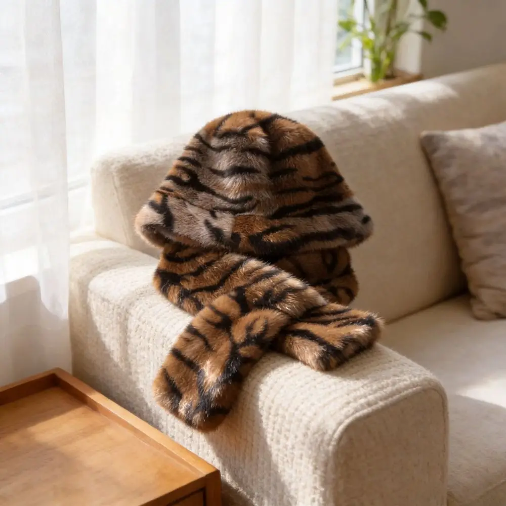 2-Piece Set Vintage Soft Faux Mink Fur Hat Anti-static Thermal Faux Fur Scarf Set Warm Cross-tie Leopard Print Hat For Women
