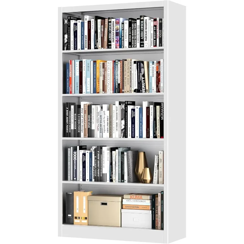 

66" Tall Bookcase, 14" Deep 5-Tier Bookshelf with Adjustable Shelves, White Metal Bookshelves with Large Capacity, Heavy Duty Bo