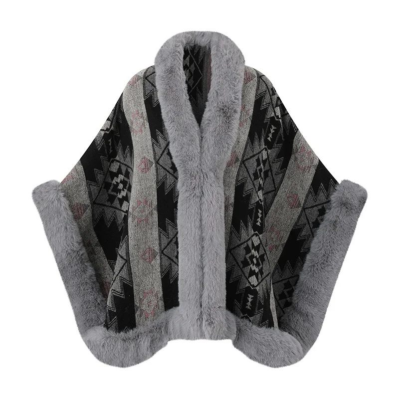 Faux Rabbit Fur Collar Knit Shawl Women Plus Size Loose Split Cape Poncho Warm Outerwear for Fall Winter Daily Wear