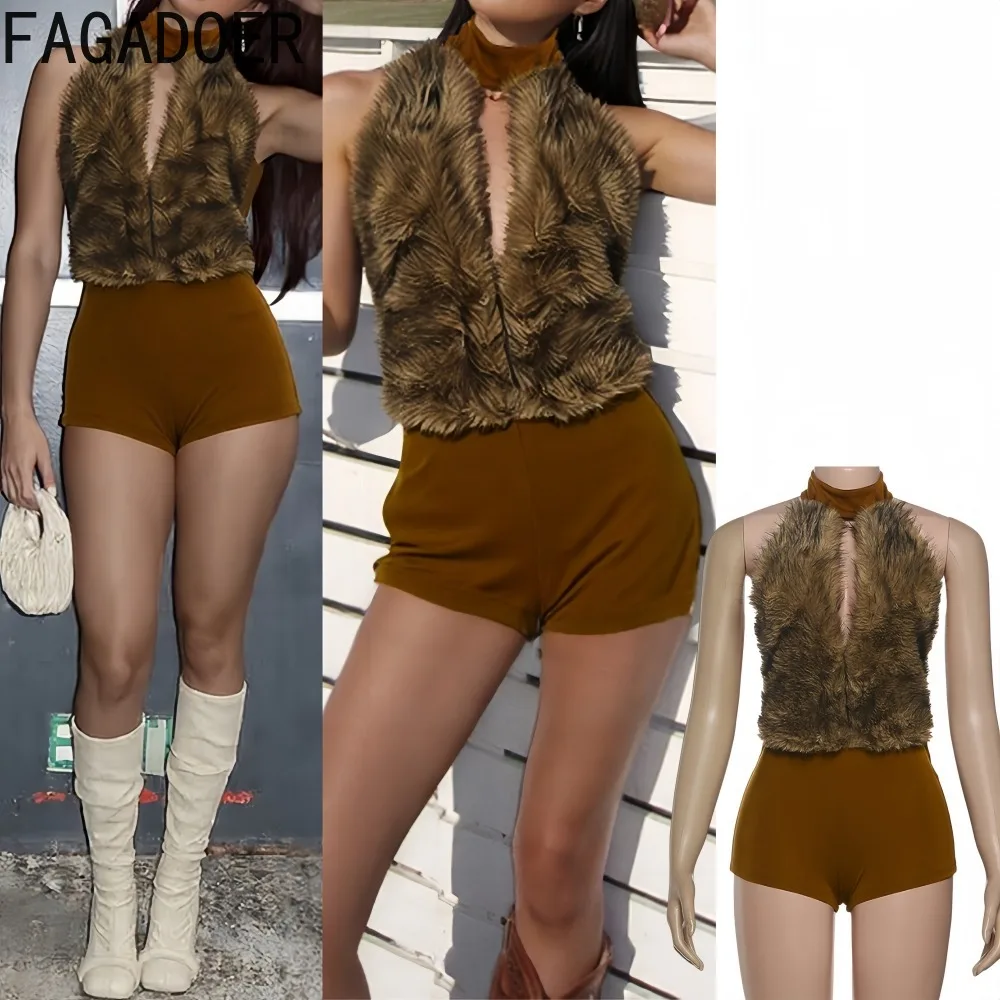 FAGADOER, monos sexis ajustados de retales de piel para mujer, peleles con cuello en V profundo y espalda descubierta, ropa para discoteca para mujer, monos de invierno nuevos