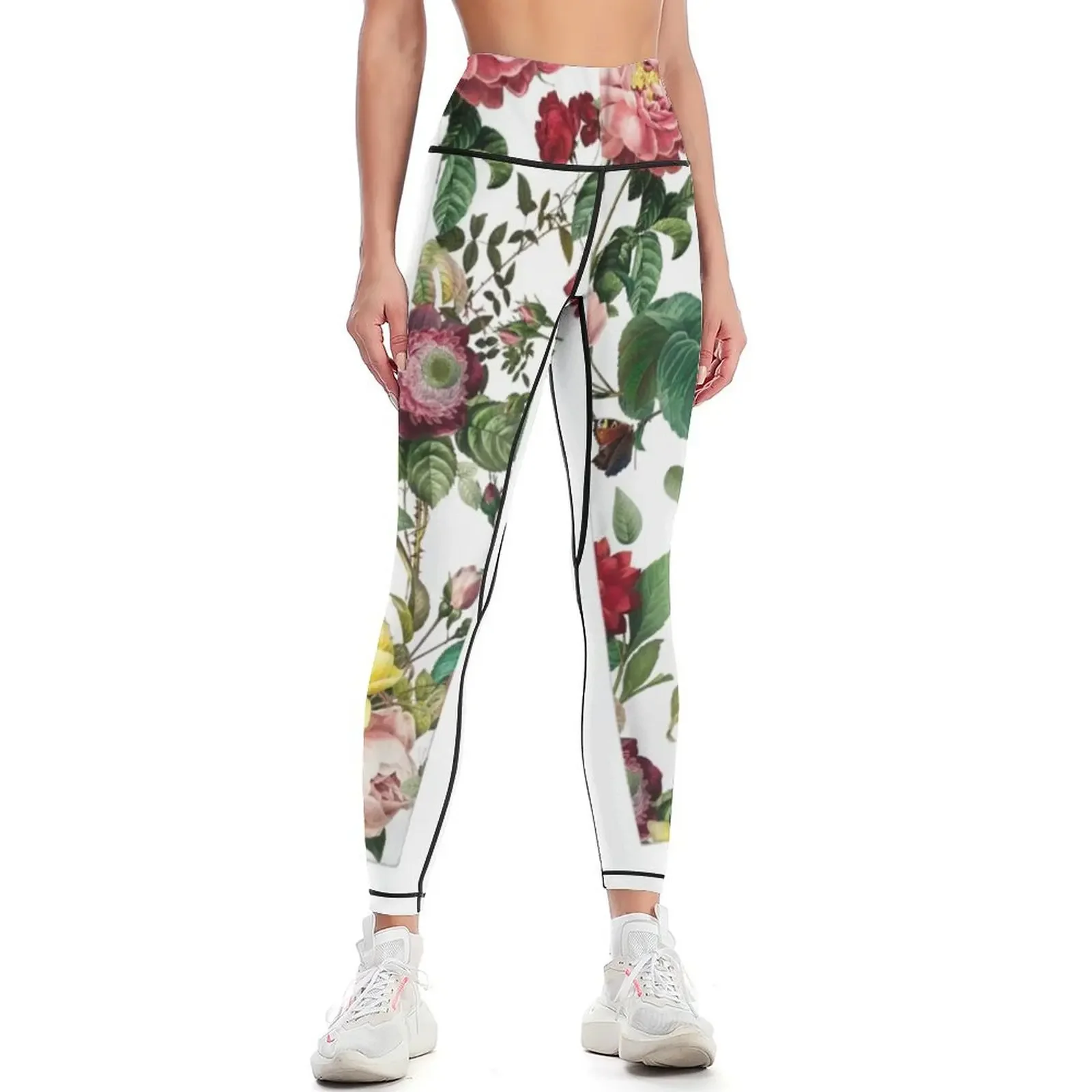 

White print with pink heirloom roses Leggings flared Sports pants for Legging sexy woman push up fitness Womens Leggings