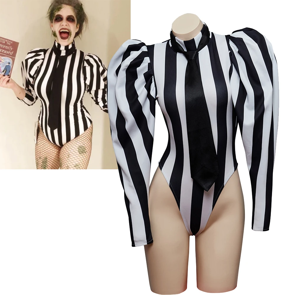 In Stock）Adam Cosplay Costume Women Dress Miss Adam Sexy Black and White Striped Jumpsuit Scary Joker Costume