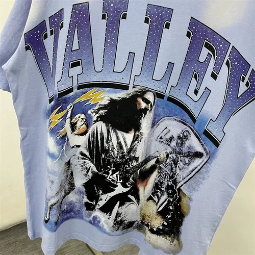Imagen 2 del producto Camisetas azules lavadas VALLEY para hombre, camisetas informales de gran tamaño con letras de taladro en caliente de algodón puro, camisetas superiores