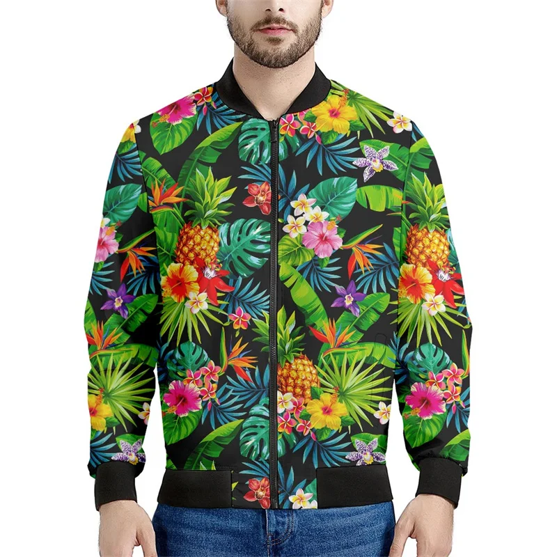 Fashion 3d Printed Hawaiian Flower Zipper Jacket Men Tropic Plants Pattern Sweatshirts Tops Long Sleeves Oversized Bomber Coats