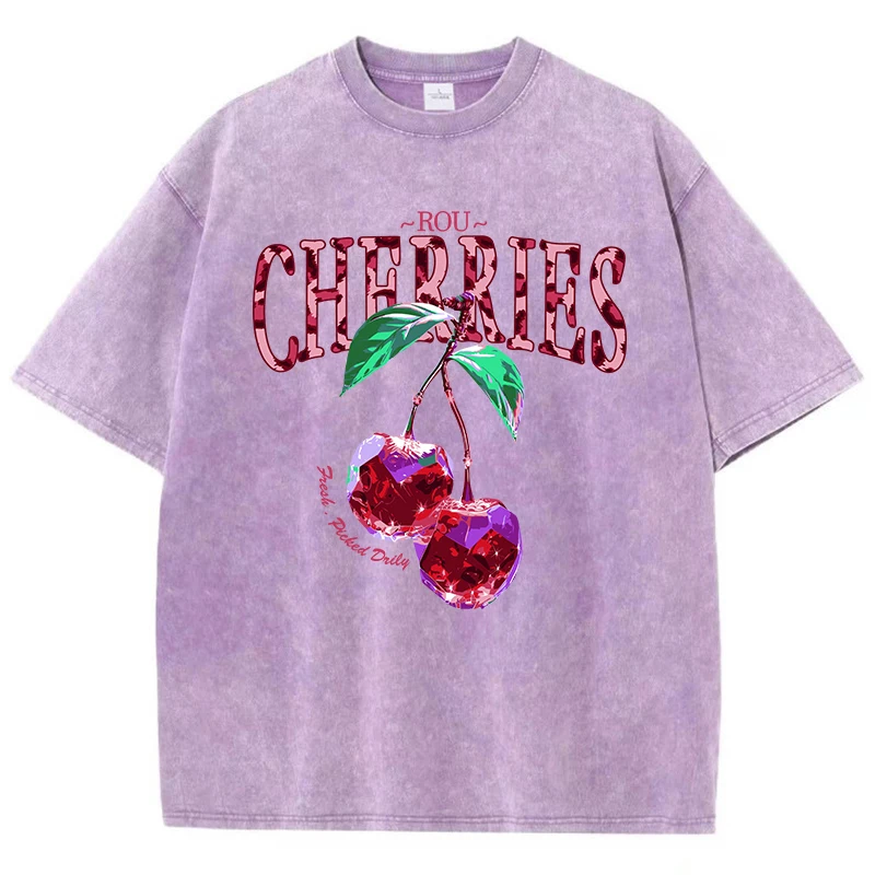 Crystal Cherries Washed T-Shirts Women Cotton Tees Fruit Letter Print Tops Oversize Distressed Short Sleeve Summer Woman Clothes