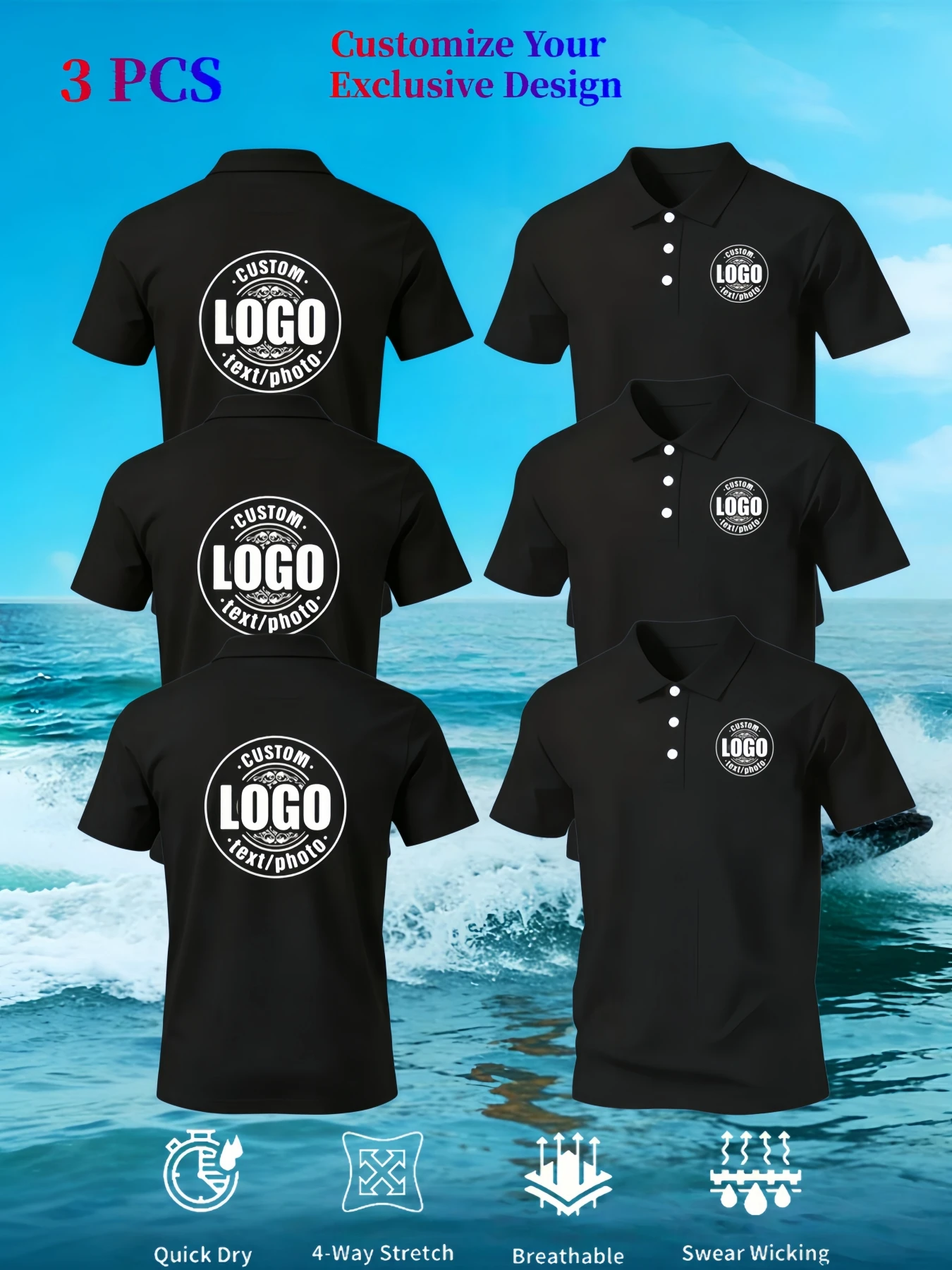 Customizable products: 3-piece men's polo shirts with customizable chest and back; stand-up collar T-shirts ideal for corporate