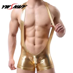 PU Leather Men Bodysuit Sexy Bulge Penis Pouch Gay Underwear Man Gold Silver Nightclub Stage Show Teddies Wrestling Jumpsuit