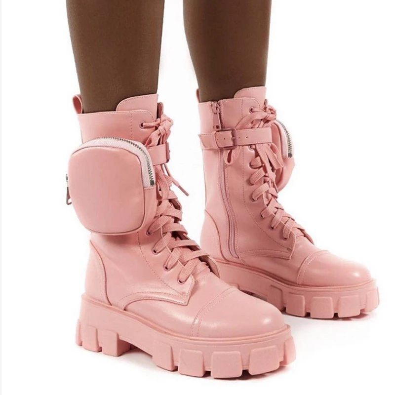 Imagem -03 - Botas Plataforma Elegantes com Bolso Pequeno para Mulheres com Renda Cabeça Redonda Outono