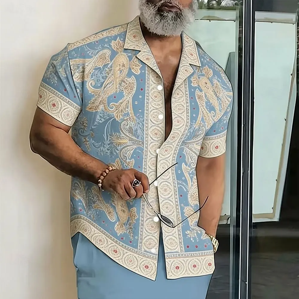 Men's 3D Print Paisley Floral Ethnic Shirt, Collar Short Sleeve Casual Top, Spring & Summer Outdoor Outings