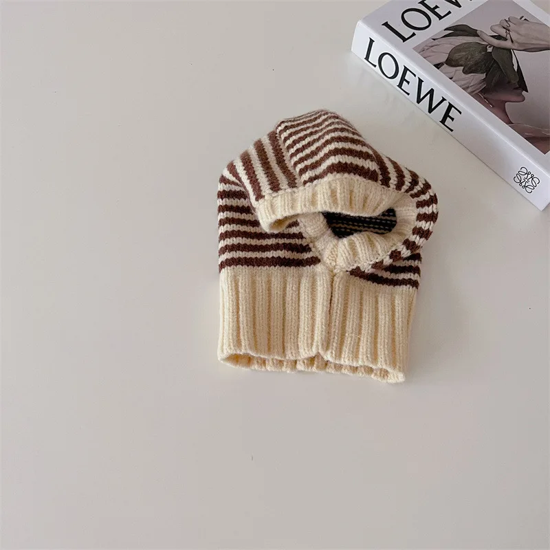 Winter Korean Fashion Children Baby Knit Hooded Scarf Caps Warm Stripe One Piece Hat Kids Accessories